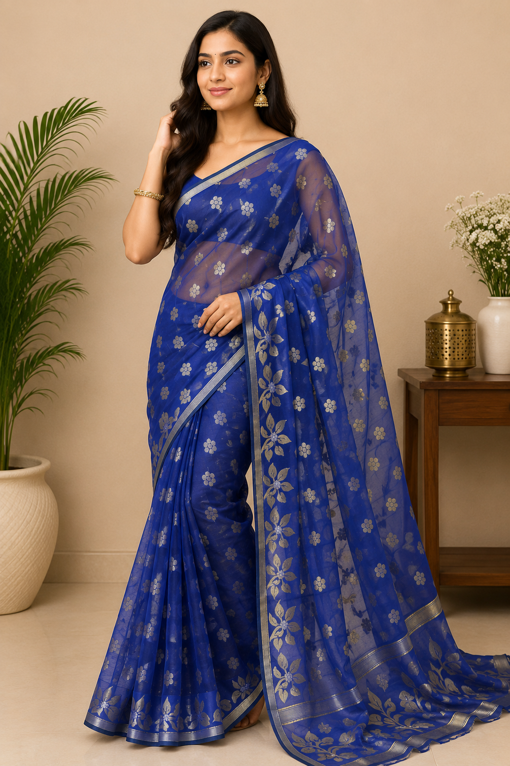 Elegant Royal Blue Soft Cotton Jamdani Saree