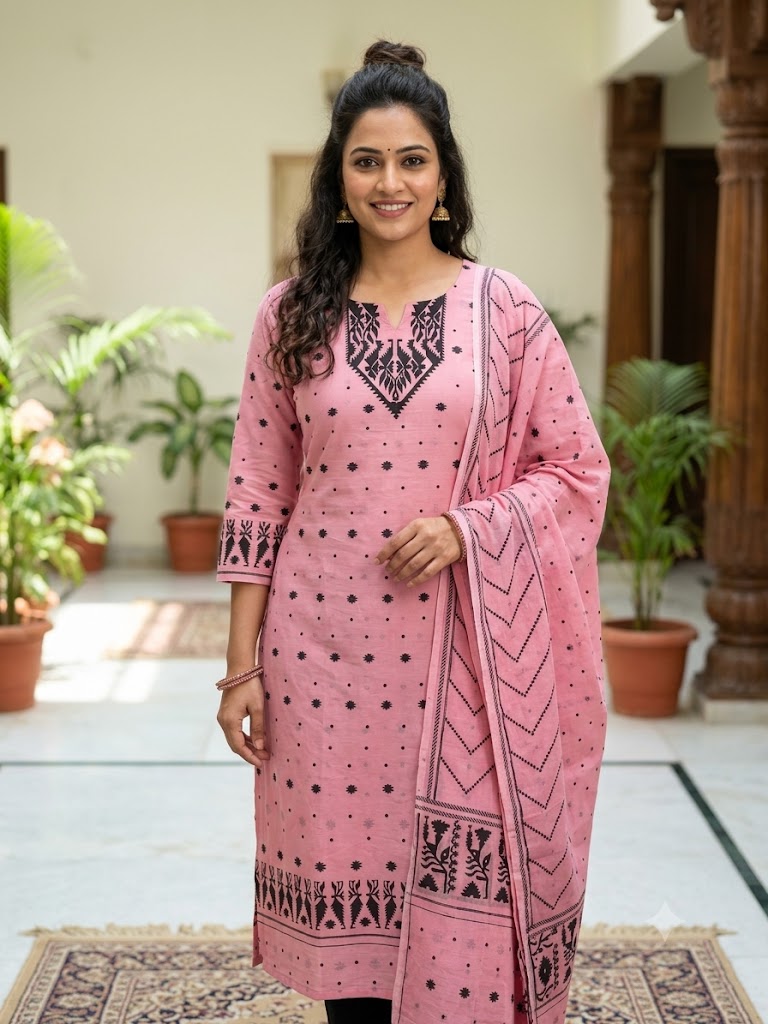Madhubani Heritage Pure Cotton Kurti Piece with Dupatta Set - Image 8