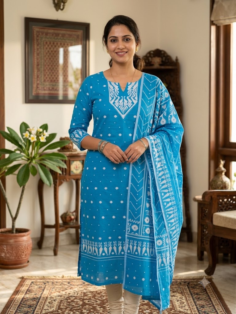 Madhubani Heritage Pure Cotton Kurti Piece with Dupatta Set - Image 7
