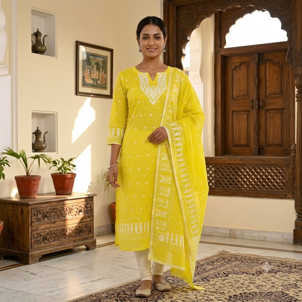 Madhubani Heritage Pure Cotton Kurti Piece with Dupatta Set - Image 9