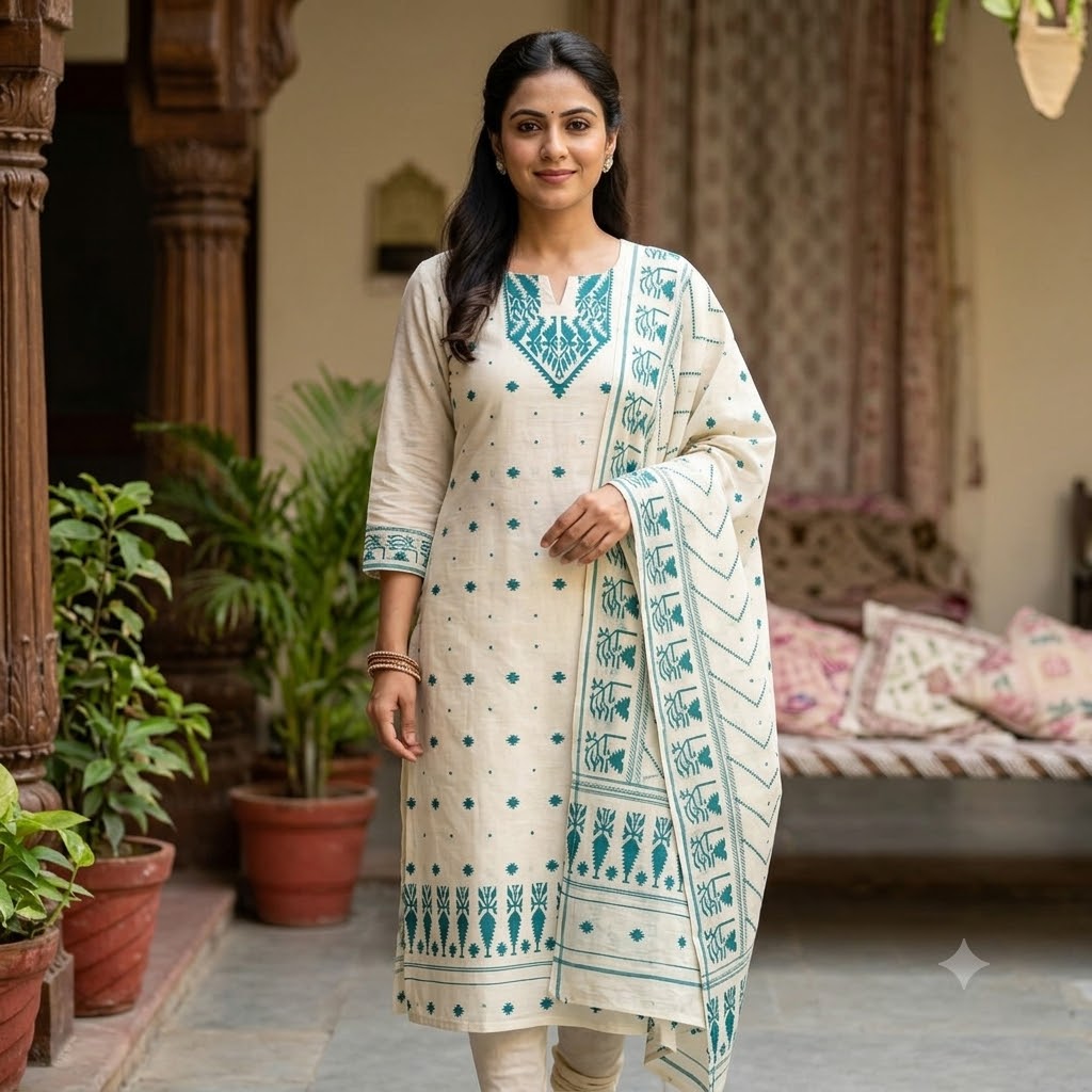 Madhubani Heritage Pure Cotton Kurti Piece with Dupatta Set - Image 5