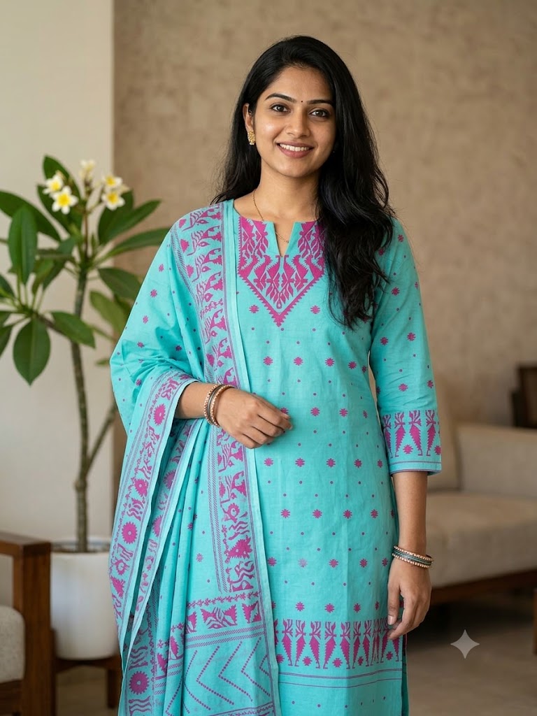 Madhubani Heritage Pure Cotton Kurti Piece with Dupatta Set - Image 4
