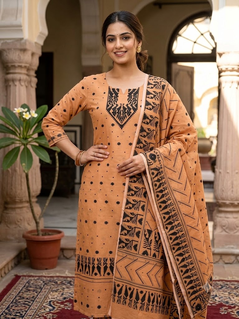 Madhubani Heritage Pure Cotton Kurti Piece with Dupatta Set - Image 2